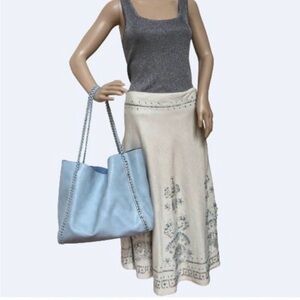 Gorgeous Beaded Linen Basil & Maude Rayon Lined Turquoise Midi Skirt- SZ 10